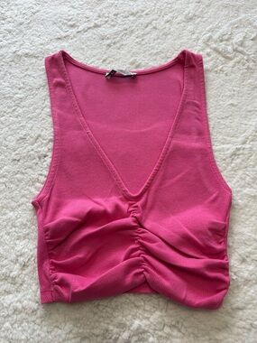 Zara Hot Pink Ruched V-Neck Crop Tank